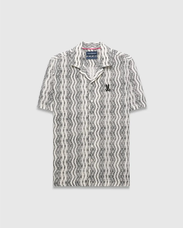 Mens Dave Crochet Shirt, a cream and black wavy patterned crochet knit short-sleeve button-up with an open collar and a small embroidered black Psycho Bunny skull logo on the left chest.