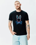 Black Mens Dayton Graphic Tee, classic fit, featuring a large, centered neon pink and blue gradient Psycho Bunny skull graphic on smooth jersey fabric.