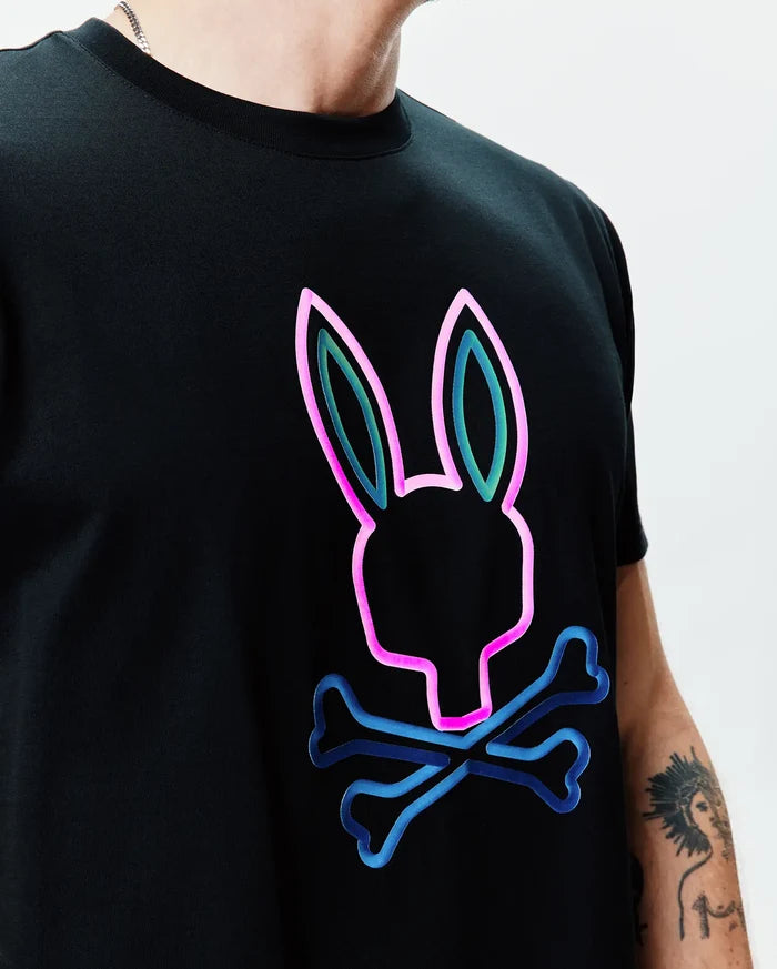 Black Mens Dayton Graphic Tee, a classic fit jersey knit featuring a large, central neon pink, teal, and blue outline Psycho Bunny skull graphic.
