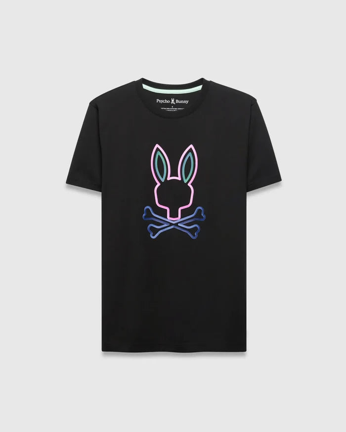 Black Mens Dayton Graphic Tee, a classic fit soft jersey t-shirt featuring a large, vibrant neon pink, blue, and green gradient Psycho Bunny skull graphic on the center chest.