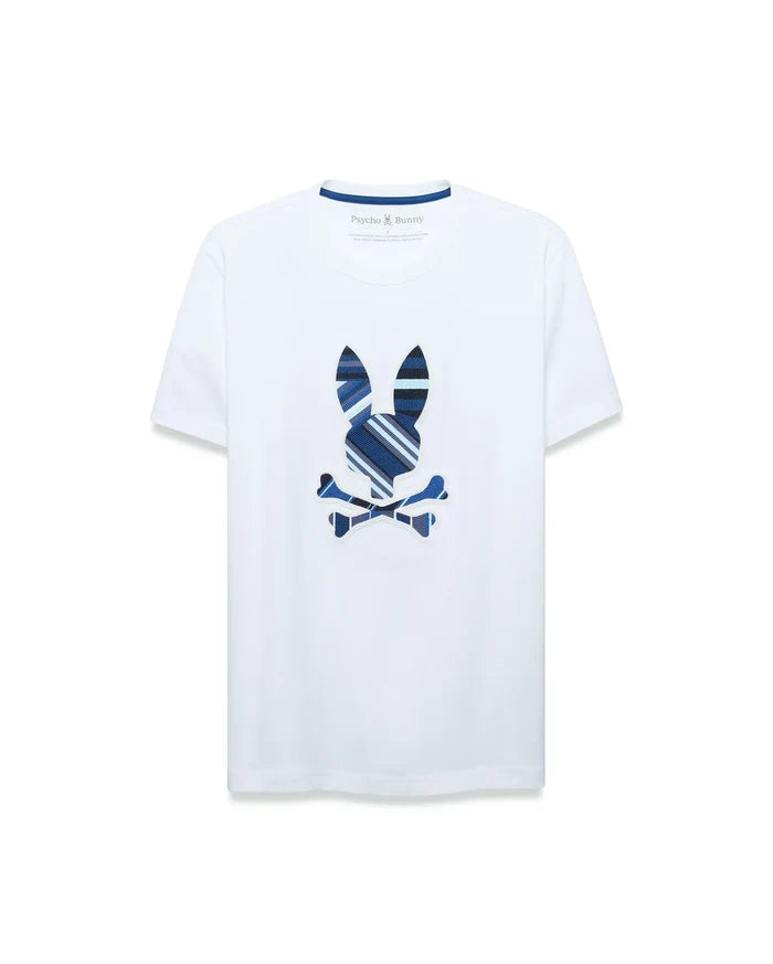 Mens Drew Embroidered Graphic Tee, a classic fit white jersey t-shirt featuring a large center chest Psycho Bunny skull logo with blue, navy, and light blue plaid stripes, outlined in white.