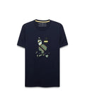 Mens Drew Embroidered Graphic Tee, a navy classic fit jersey t-shirt with a large, center chest embroidered Psycho Bunny skull logo featuring bold green, yellow, and white stripes, and a yellow inner collar trim.