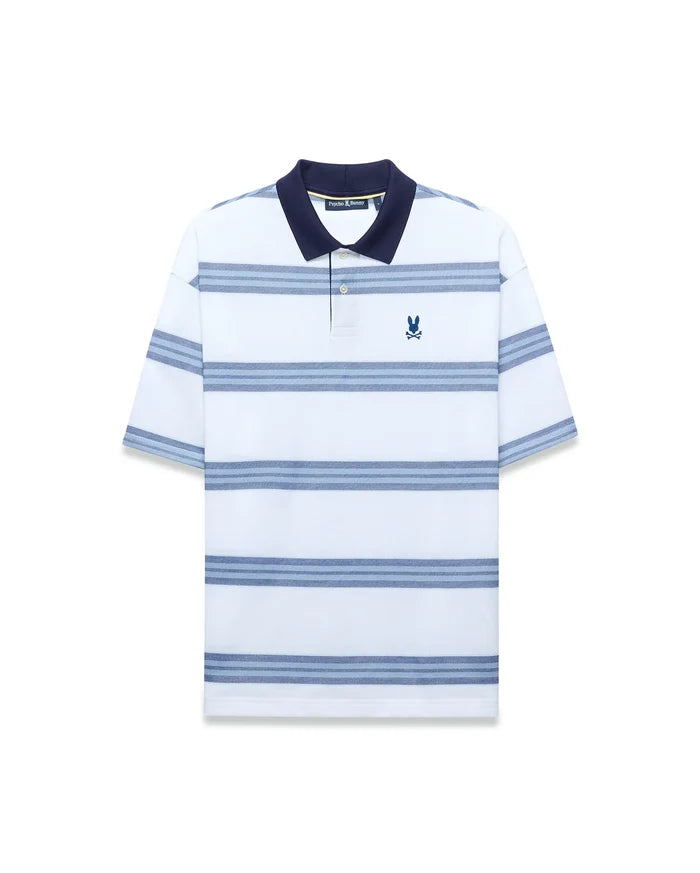 Mens Drew Striped Pique Polo, a classic fit white pique polo with navy collar, light and dark blue horizontal stripes, and a small embroidered navy Psycho Bunny skull logo on the left chest.