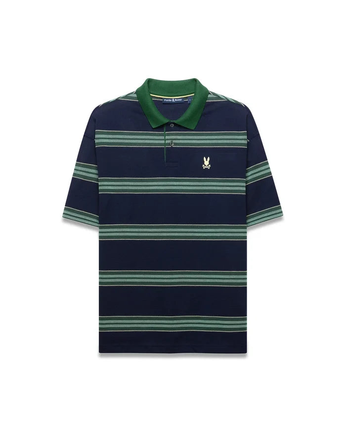 Mens Drew Striped Pique Polo in navy with alternating green, light green, and thin white stripes, a solid green collar, and a small embroidered Psycho Bunny skull logo on the left chest.