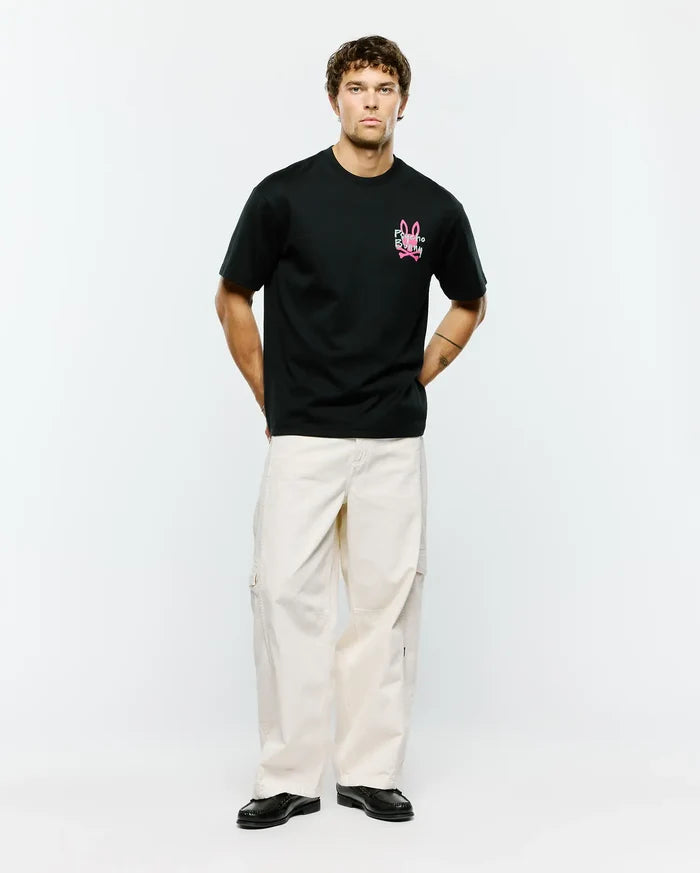 Mens Duncan Relaxed Fit Tee, a black relaxed fit jersey tee featuring a vibrant pink embroidered Psycho Bunny skull logo and text on the left chest.