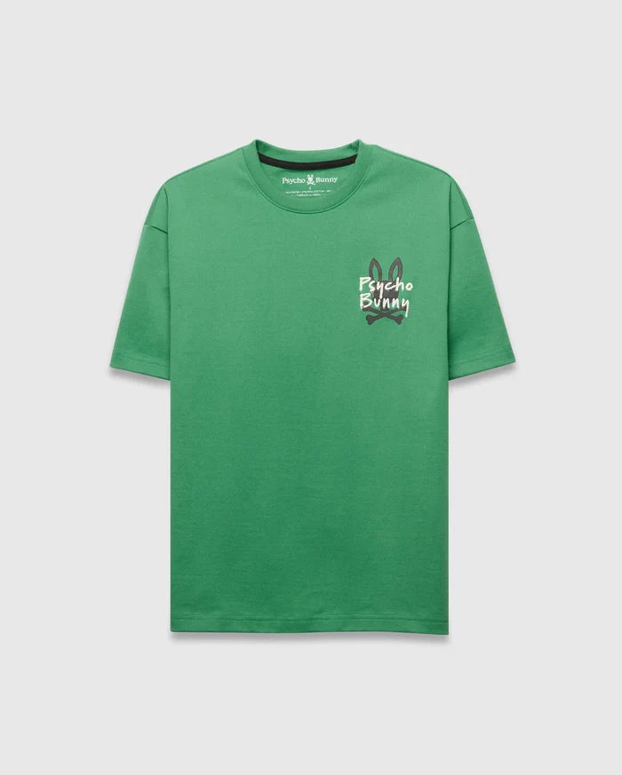Mens Duncan Relaxed Fit Tee, a vibrant green relaxed fit jersey t-shirt featuring a large, distressed white and black Psycho Bunny skull logo with red crossbones on the center chest.