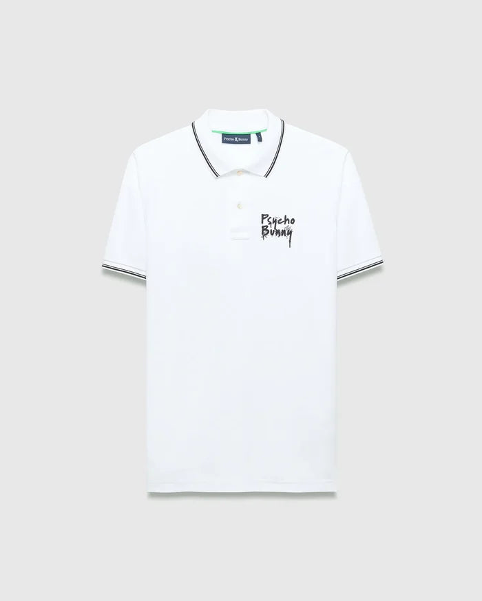Mens Duncan Pique Polo, white classic fit pique polo with black striped collar and cuffs, featuring a distressed black Psycho Bunny text logo embroidered on the left chest and green neck tape.
