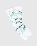 White Mens Duncan Spray Sport Sock featuring an all-over neon green outline print of the iconic Psycho Bunny skull logo and black graffiti-style Psycho Bunny text on smooth knit fabric.