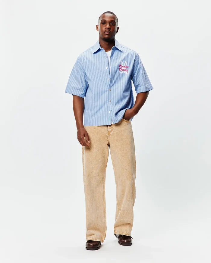 Mens Duncan Stripe Shirt, a light blue relaxed fit short-sleeve button-up with thin dark vertical stripes and an embroidered hot pink Psycho Bunny skull logo on the left chest.