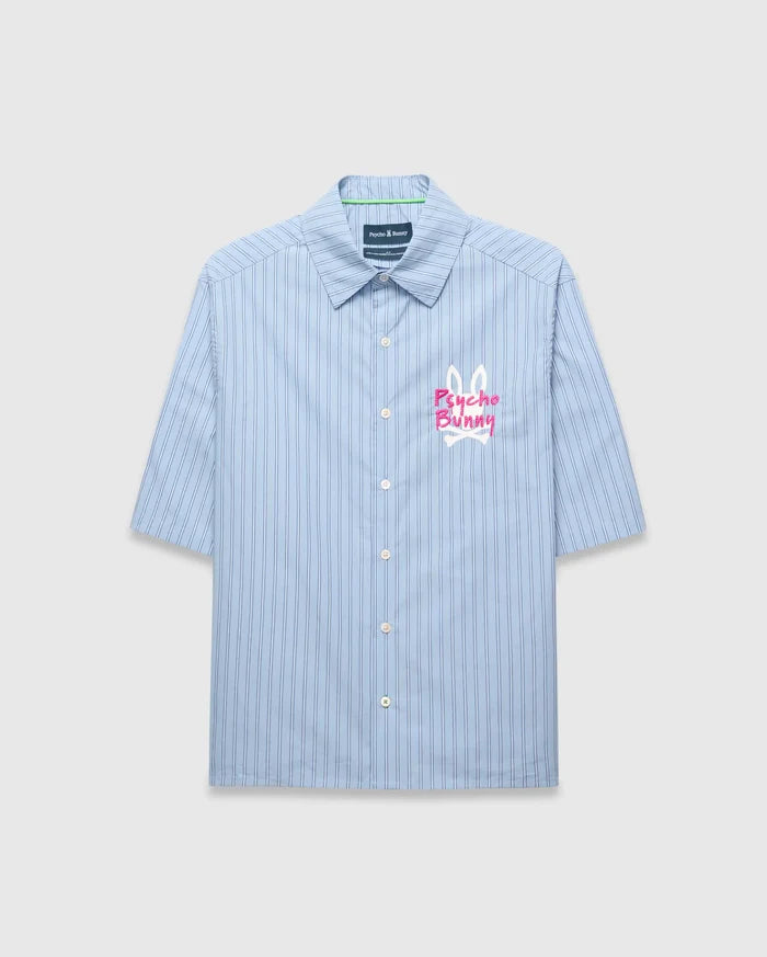 Mens Duncan Stripe Shirt, a light blue classic fit short-sleeve button-up shirt with thin dark blue vertical stripes and a large pink and white embroidered Psycho Bunny logo on the chest.