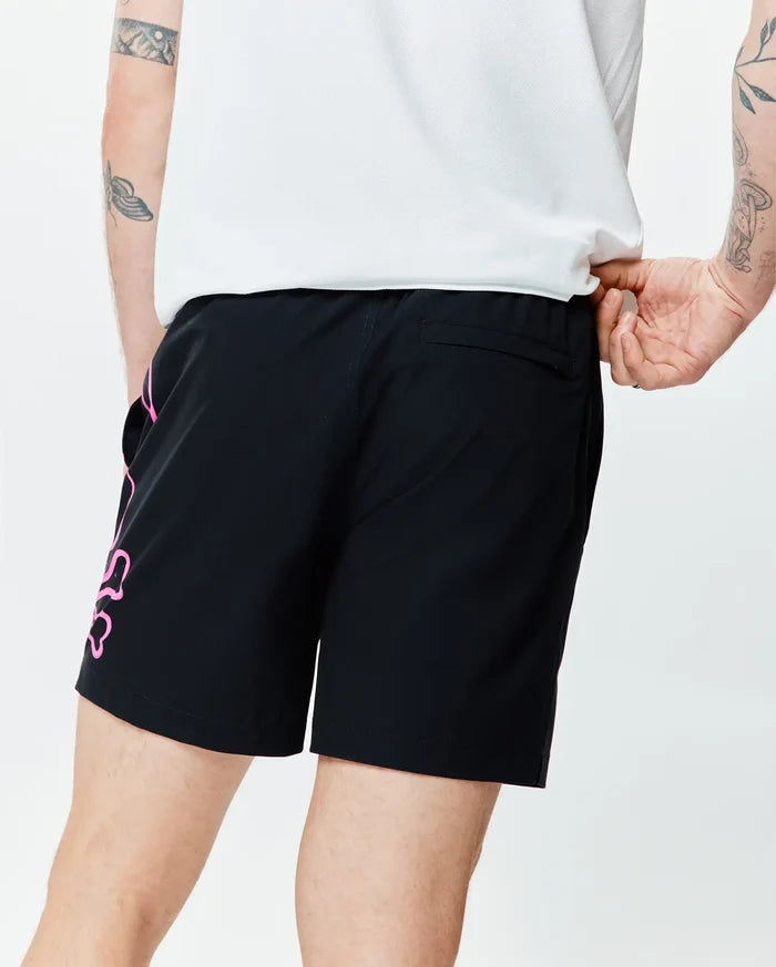 Mens Duncan Bunny Print Swim Trunk in black, featuring a large pink Psycho Bunny logo graphic on the left leg, relaxed fit, smooth quick-dry fabric, and a back pocket.