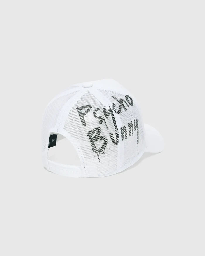 Mens Duncan Wordmark Trucker Cap, white mesh back with a bold black distressed Psycho Bunny wordmark graphic, featuring a solid front panel and adjustable snapback.