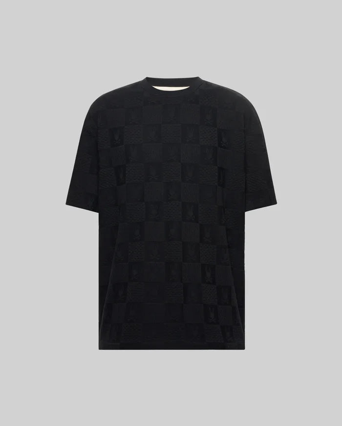 Black Mens Dustin Oversized Tee with an all-over tonal checkerboard pattern featuring alternating Psycho Bunny skull logos and textured squares, crafted from a soft knit fabric.