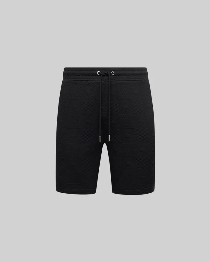 Mens Dustin Sweatshort, black, featuring a subtle all-over embossed Psycho Bunny skull logo pattern, relaxed fit, and a drawstring waist with silver-toned metal tips.