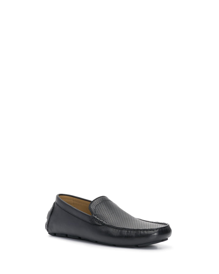 A single Vince Camuto Men’s Eadric Casual Driving Shoe in black leather, featuring textured top detailing, is displayed against a plain white background, exemplifying the perfect blend of fashion and comfort.