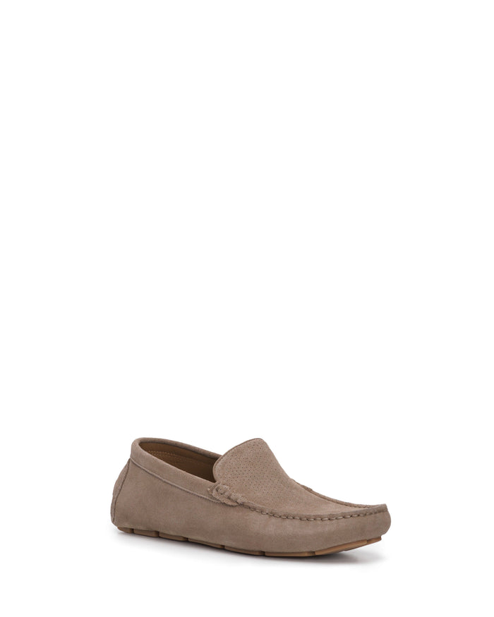 A single Vince Camuto Men’s Eadric Casual Driving Shoe in light brown suede, showcasing visible stitching and a low heel, is displayed on a white background—making it an ideal option for anyone seeking beautiful shoes and comfortable footwear.