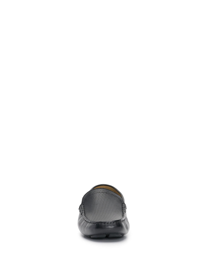 Front view of a single Vince Camuto Men’s Eadric Casual Driving Shoe in black with a perforated texture, displayed on a white background—an ideal choice for those seeking comfortable footwear without compromising on style.