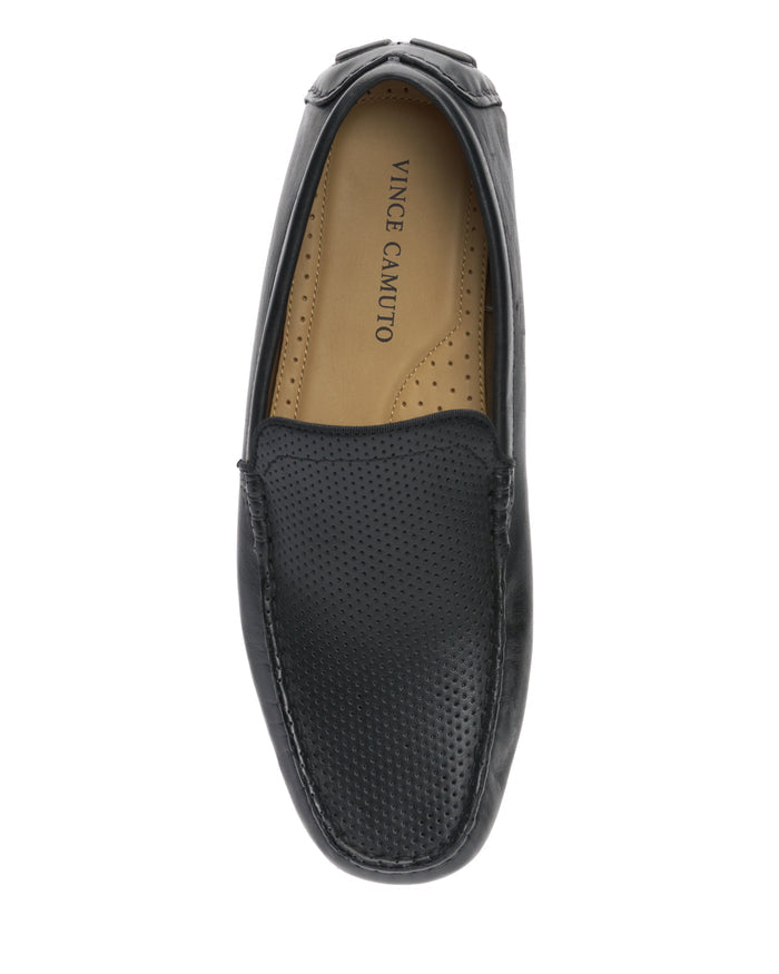 Top view of the Vince Camuto Men’s Eadric Casual Driving Shoe in black, featuring perforated detailing on the toe and a tan insole with the brand name—an ideal choice for those seeking affordable footwear that doesn’t sacrifice style or comfort.