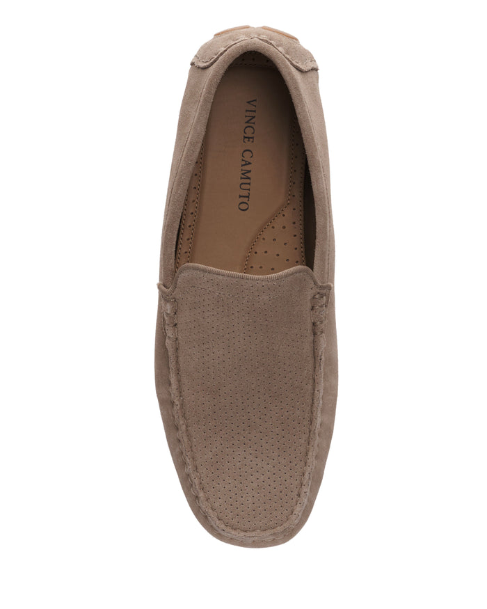 A taupe suede Men’s Eadric Casual Driving Shoe by Vince Camuto, featuring a perforated upper and visible stitching as seen from above. The tan insole is branded with the Vince Camuto logo, offering both style and everyday comfort.