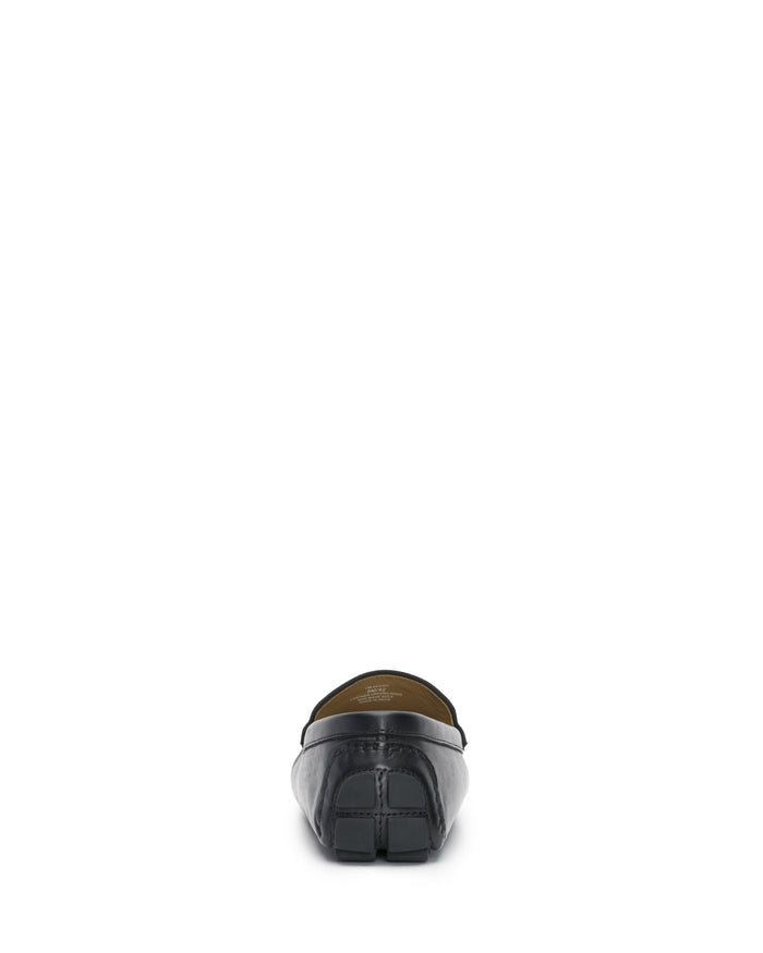 The Vince Camuto Men’s Eadric Casual Driving Shoe is pictured from the back, centered on a white background—an elegant black leather loafer that offers comfort and style in equal measure.