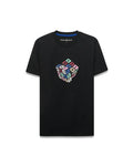 Mens Eddy Graphic Tee, black classic fit jersey t-shirt with a vibrant multicolor Rubik's Cube-style graphic spelling PSYCHO BUNNY and featuring the iconic bunny skull logo on the chest.