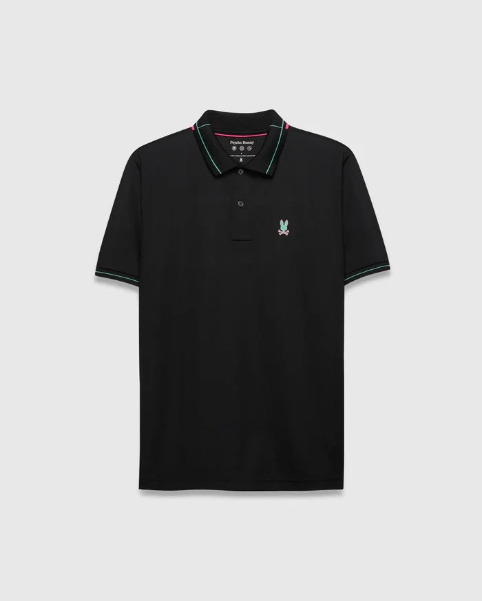 Mens Edwin Sport Polo, black with pink and teal striped collar and cuffs, featuring a small embroidered pink and teal Psycho Bunny skull logo on the left chest, classic fit, smooth performance fabric.