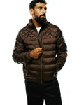 Mens Emerik Hooded Puffer Jacket in rich brown, featuring a quilted upper, horizontal puffer channels, a full zip, and a small black embroidered Psycho Bunny skull logo on the left chest.