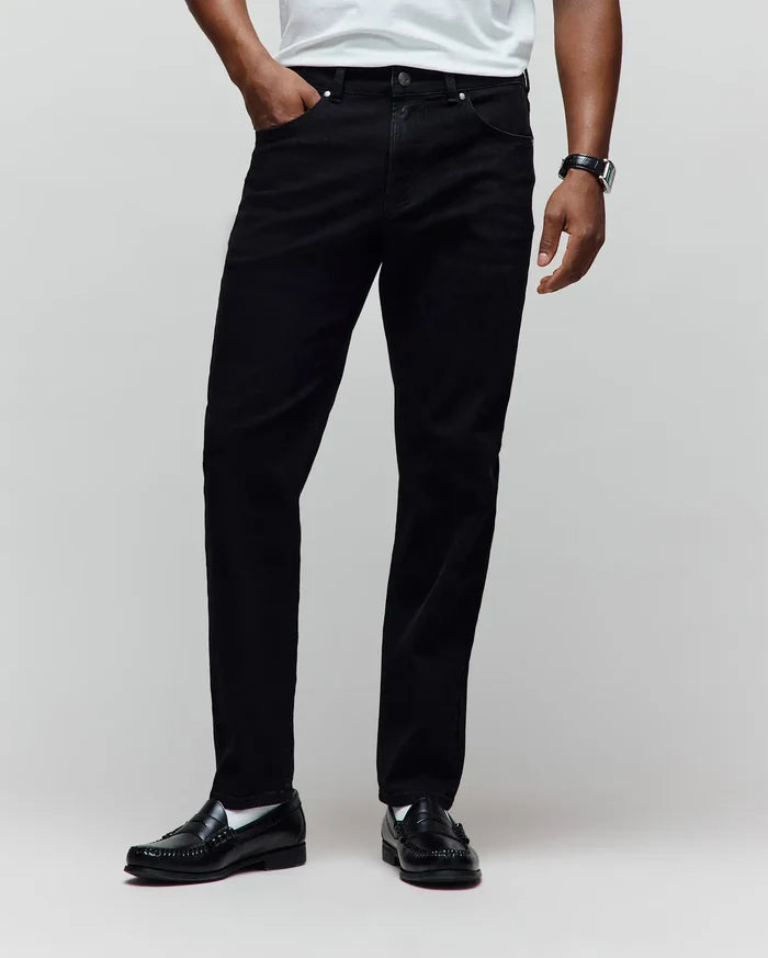 Mens Emerson Denim Pant, classic straight leg fit black denim with a smooth texture, subtle fading, five-pocket styling, and silver-tone button and rivet hardware.