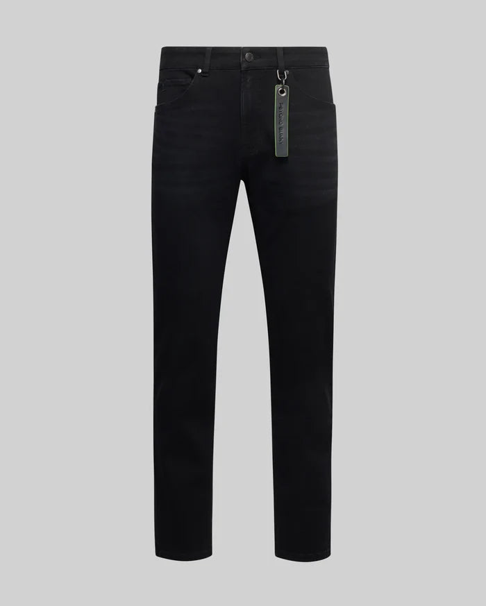 Mens Emerson Denim Pant, premium black slim-fit denim with a subtle faded wash and classic five-pocket styling, accented by a vibrant green Psycho Bunny branded keychain tag on the front belt loop.