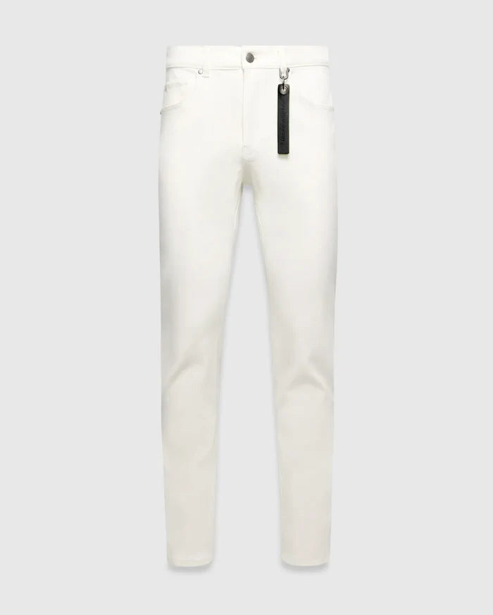 Mens Emerson Denim Pant, white slim-fit denim with silver hardware and a black Psycho Bunny branded tag hanging from a front belt loop.