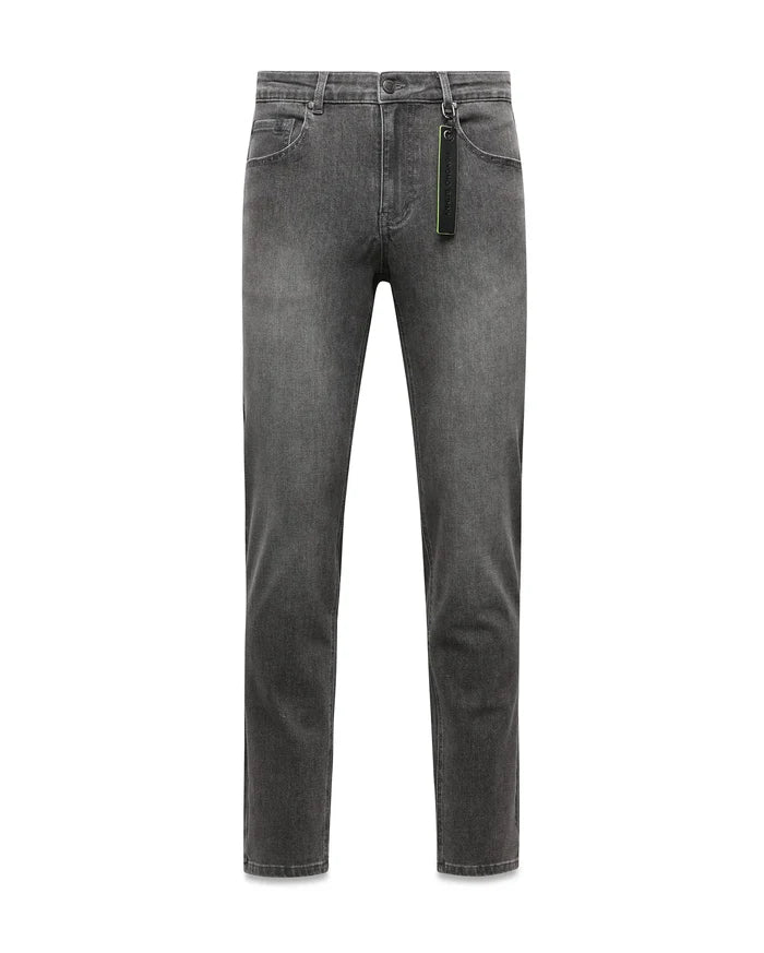 Mens Emerson Denim Pant, classic fit washed black denim with a faded finish, 5-pocket styling, and a black and neon green Psycho Bunny branded tag on the belt loop.
