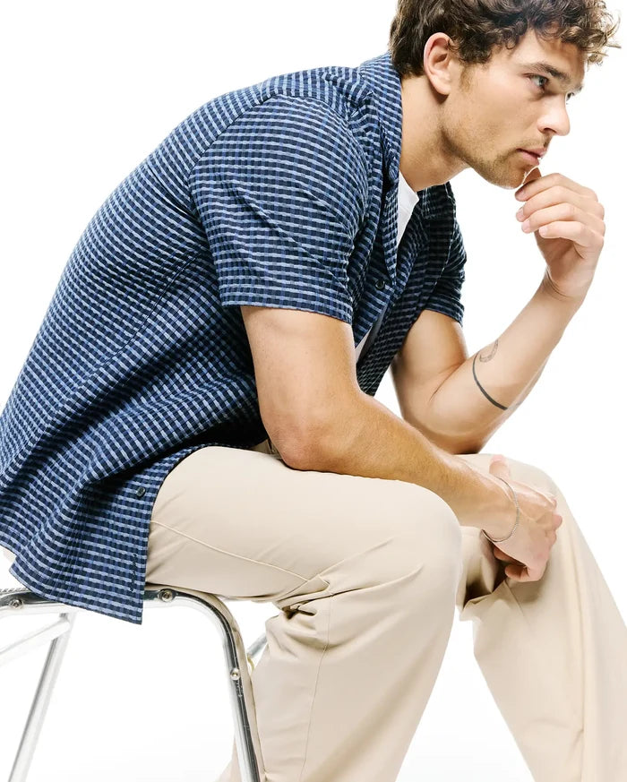 Mens Erik Raised Check Shirt, a classic fit navy and light blue short-sleeve button-up, featuring a distinctive textured raised check pattern, perfect for refined streetwear.