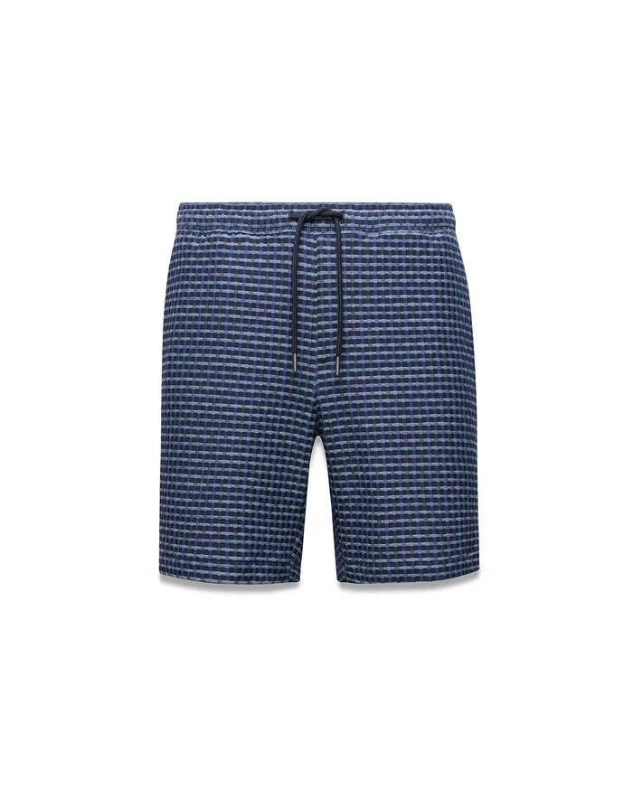 Mens Erik Raised Check Short: Relaxed fit blue and navy textured raised check shorts, showcasing a subtle yet distinct pattern and a functional drawstring waist with metal-tipped cords.