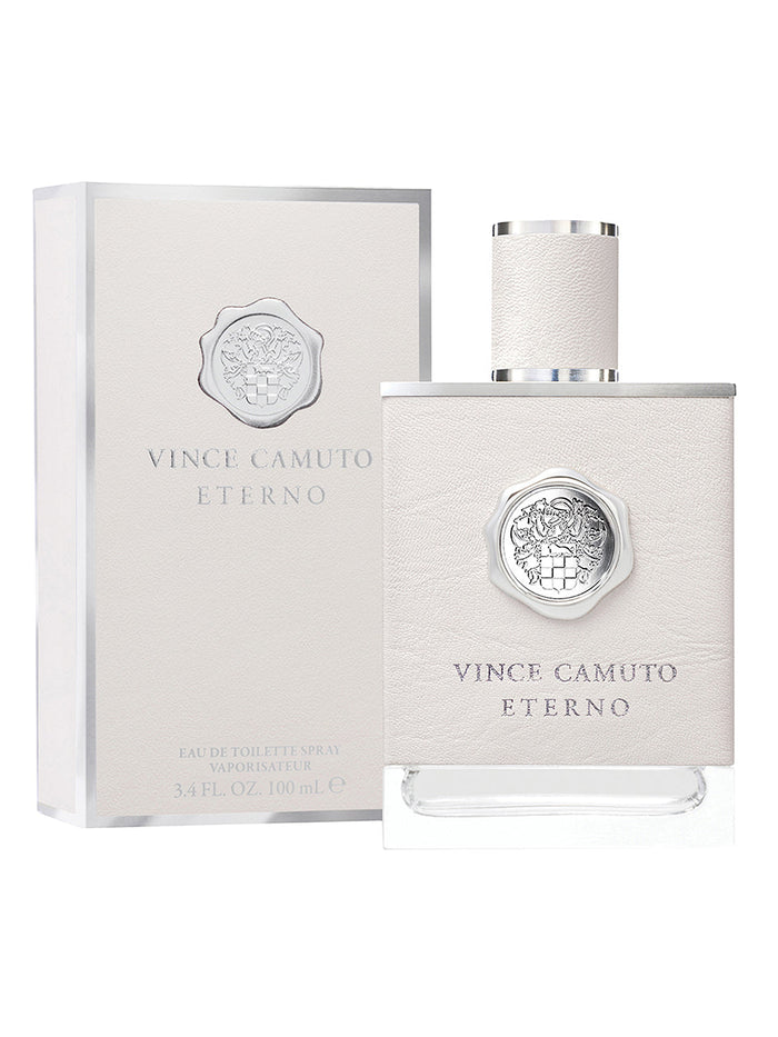 A bottle and box of Vince Camuto Men’s Eterno 3.4 oz Eau de Toilette Spray, both in white with silver accents and an embossed logo, are set against a plain white background, perfectly reflecting the refined character and confidently masculine scent of this men’s fragrance.