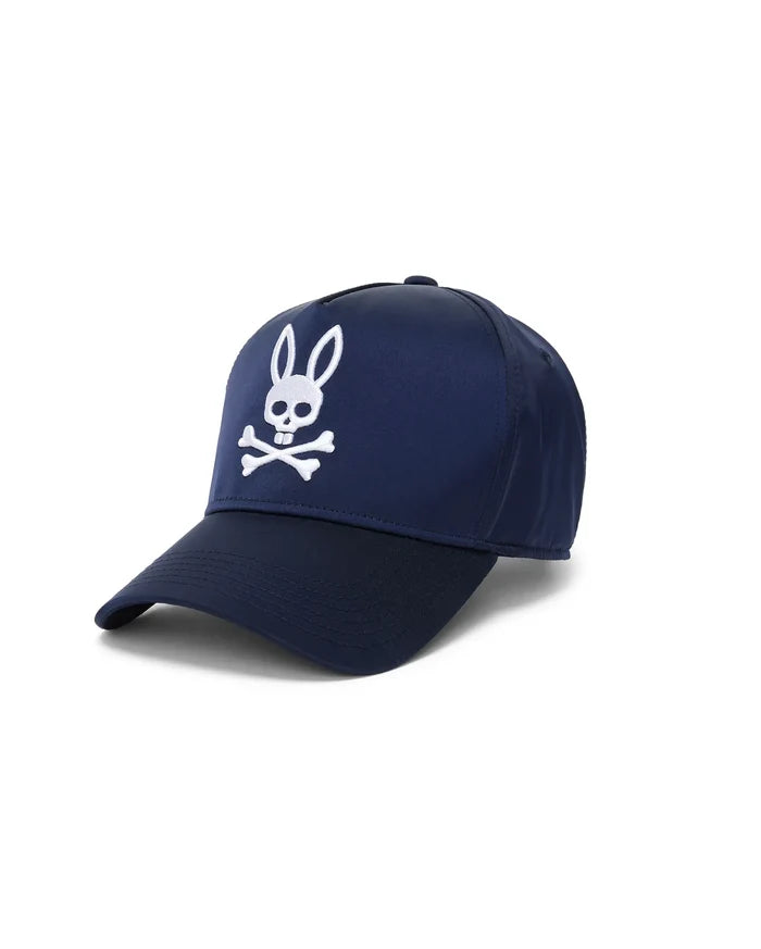 Navy Mens Finnley A-Frame Trucker Cap featuring a prominent white embroidered Psycho Bunny skull logo on the front, crafted from smooth, structured fabric.