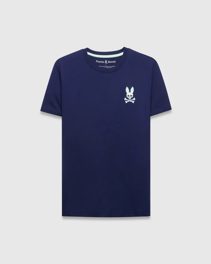 Navy blue classic fit jersey T-shirt featuring a small, embroidered light blue Psycho Bunny skull logo on the left chest, branded neck tape, and MENS FRANK BACK GRAPHIC TEE.