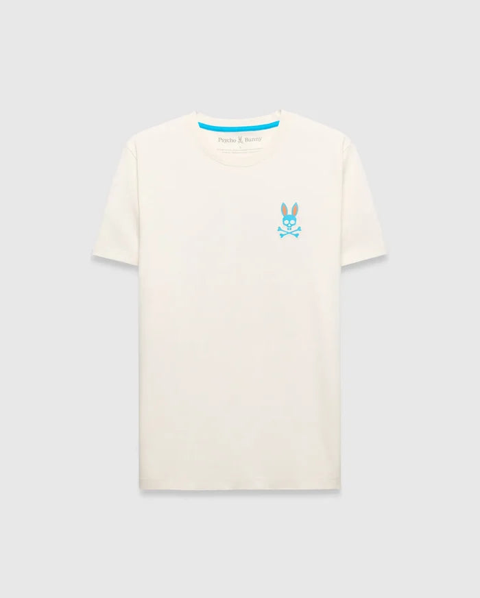 Mens Frank Back Graphic Tee, a cream classic fit jersey t-shirt featuring a small blue and orange embroidered Psycho Bunny skull logo on the left chest and bright blue neck tape.