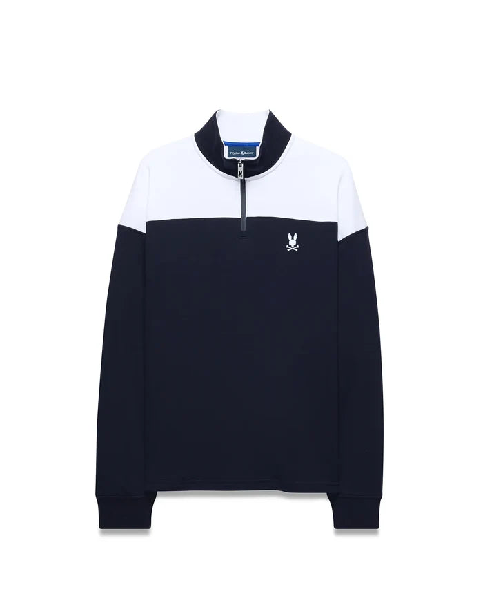 Mens Gabe French Terry 1/4 Zip pullover in navy blue and white color block, featuring a classic fit, soft French terry fabric, and a small embroidered white Psycho Bunny skull logo on the left chest.