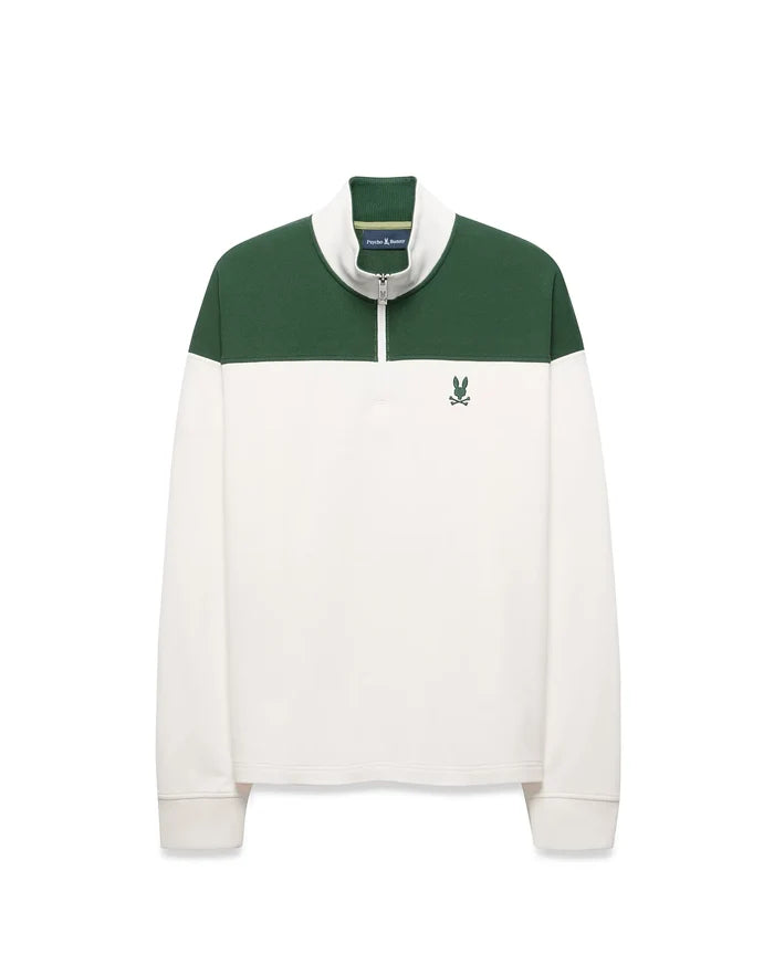 Mens Gabe French Terry 1/4 Zip in a classic fit, featuring a white body with a green color block upper and collar, a silver 1/4 zip, and a small embroidered green Psycho Bunny skull logo on the left chest.