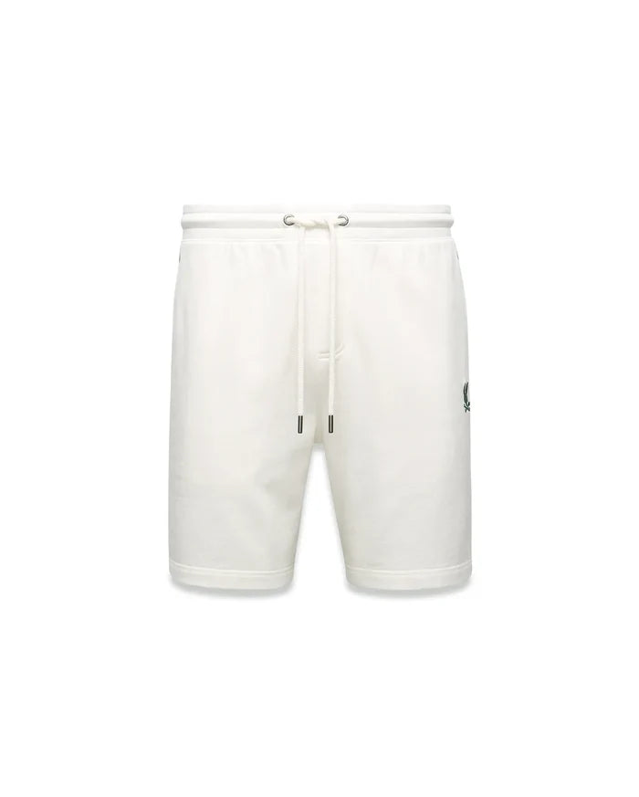 Mens Gabe French Terry Sweatshort in cream, featuring a relaxed fit, soft French terry fabric, elastic drawstring waist with silver eyelets, and a small embroidered black Psycho Bunny skull logo on the left thigh.