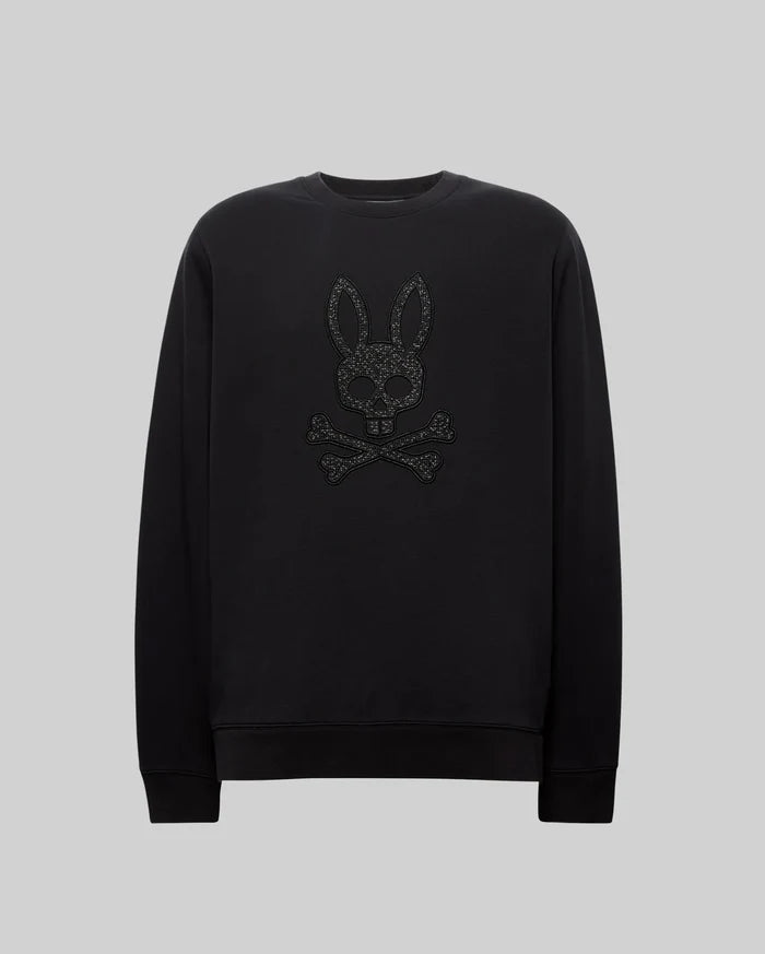 Black Mens Gabin Textured Crew sweatshirt in a soft jersey knit, classic fit, featuring a large, textured black Psycho Bunny skull and crossbones logo embroidered on the chest.