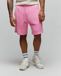 Mens Garen Knit Short in vibrant pink, featuring a textured woven knit pattern, relaxed fit, and a drawstring waist with dark metal tips.