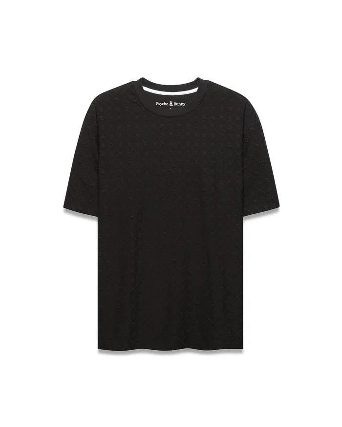 Black Mens Garry Relaxed Fit Tee featuring a subtle all-over embossed Psycho Bunny skull and crossbones pattern, textured jersey fabric, and white inner neckline trim.