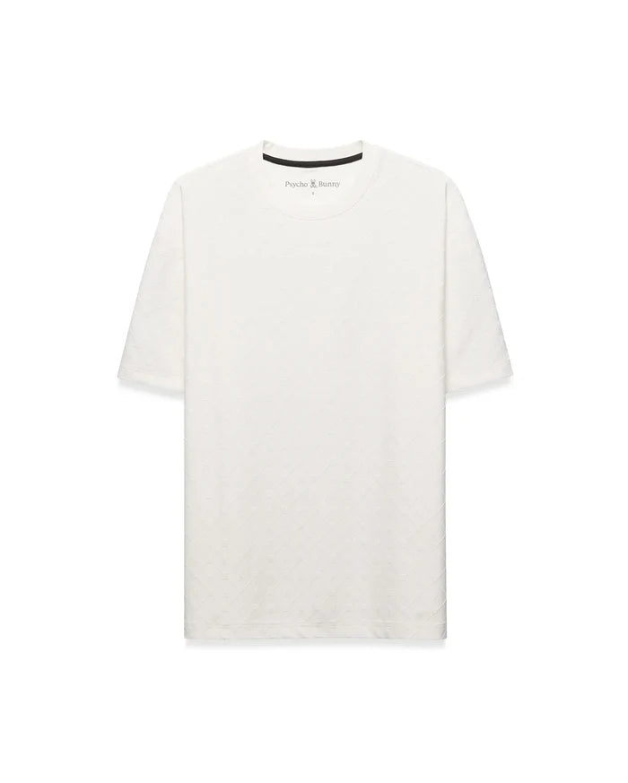 Off-white Mens Garry Relaxed Fit Tee, featuring a subtle embossed diamond and bunny skull pattern, small Psycho Bunny logo on left chest, and black branded neck tape.