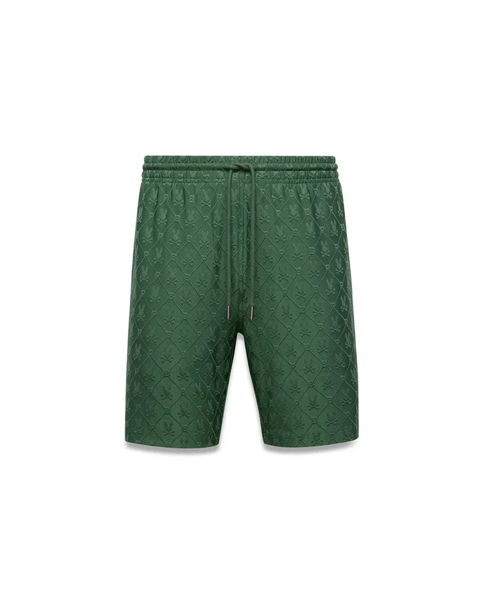 Mens Garry Jacquard Sweatshort in forest green, featuring a relaxed fit and an all-over tonal jacquard knit pattern of the iconic Psycho Bunny skull logo, with a drawstring waist.
