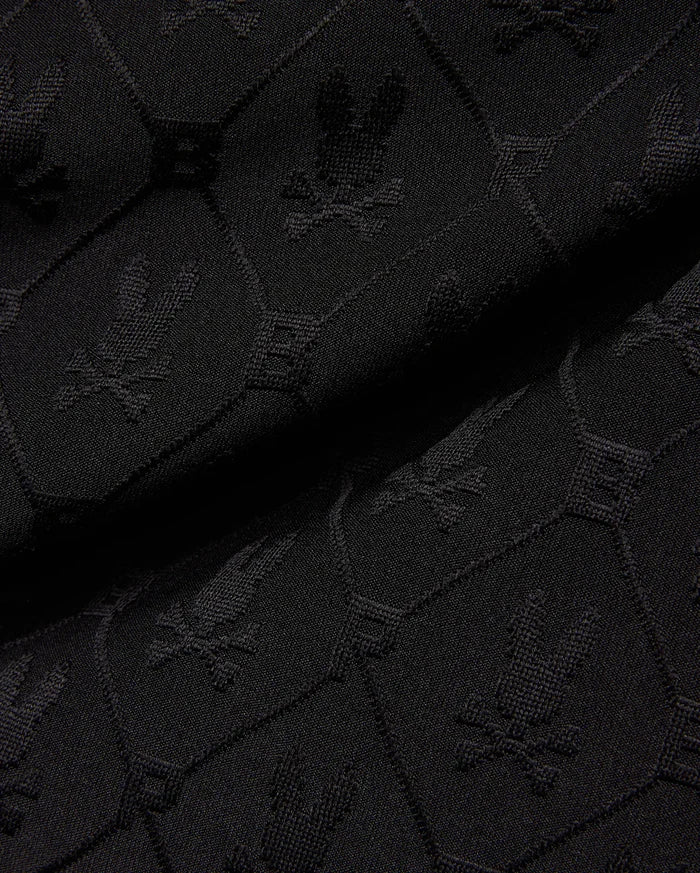 Mens Garry Jacquard Sweatshort in black, featuring a tonal all-over jacquard knit pattern of the iconic Psycho Bunny skull logo and PB initials.