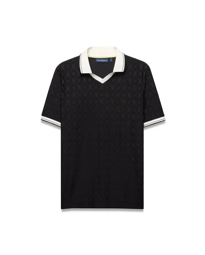 Mens Garry Jacquard Johnny Collar Polo. Black jacquard knit polo with subtle all-over bunny skull logo pattern, white Johnny collar with lime trim, and white striped cuffs. Classic fit.