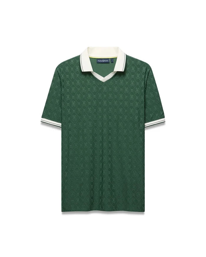 Mens Garry Jacquard Johnny Collar Polo, deep green with tonal bunny skull jacquard. Features a white Johnny collar and striped ribbed cuffs, plus a small embroidered Psycho Bunny logo on the left chest.