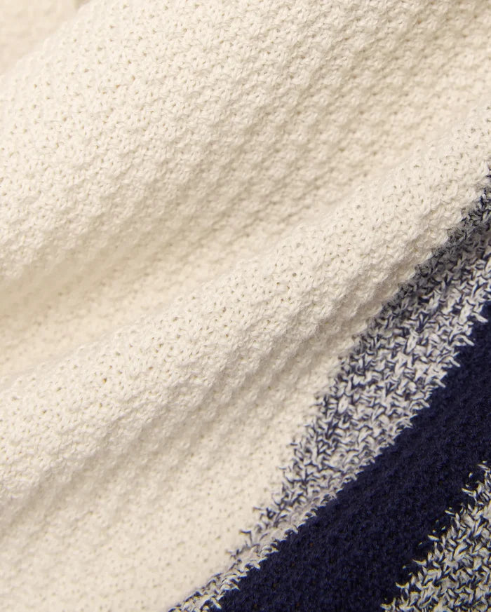 Mens Giles Knit Short 7, a premium cream textured knit short with prominent horizontal stripes in deep navy and a lighter marled blue, showcasing refined streetwear style.