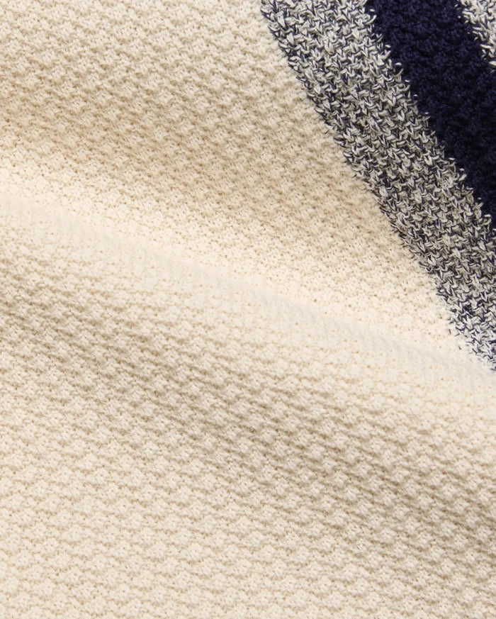 Mens Giles Relaxed Fit Border Knit Shirt crafted from a luxurious cream textured knit fabric, featuring bold horizontal stripes in deep navy and a distinctive marled grey-white.
